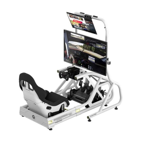 De Fanatec GT Cockpit Monitor Stand heeft een sterk metalen frame met racestoel, stuur, pedalen, grote monitor en toetsenbordbevestiging.