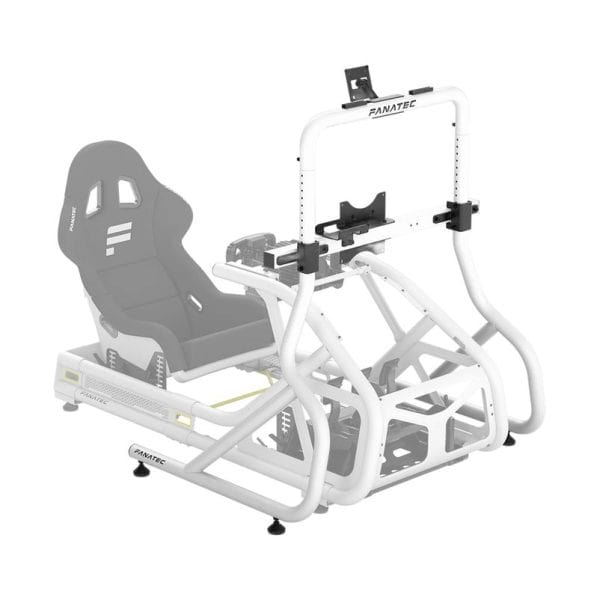 Fanatec GT Cockpit Monitor Stand met bevestigingspunten voor stuur en monitor; semi-transparante racestoel afgebeeld ter referentie. Geen elektronica inbegrepen.