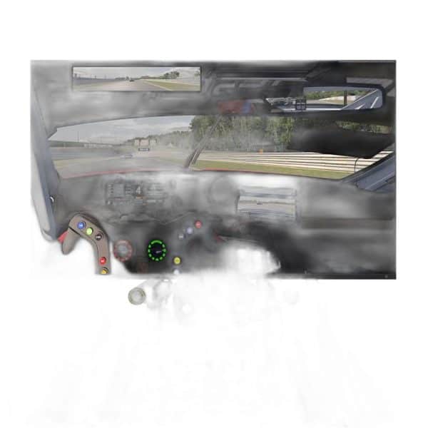 Binnenzicht van de GT Cockpit Monitor Stand van Fanatec, met een gedetailleerd dashboard, stuurwiel met kleurrijke knoppen, rokerig interieur en racebaan gezien door de voorruit.