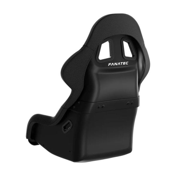GT Cockpit Seat (zwart) van Fanatec, achteraanzicht. Zwarte stoel met wit "FANATEC"-logo, uitgesneden handgrepen bovenaan en voorgevormde vorm.