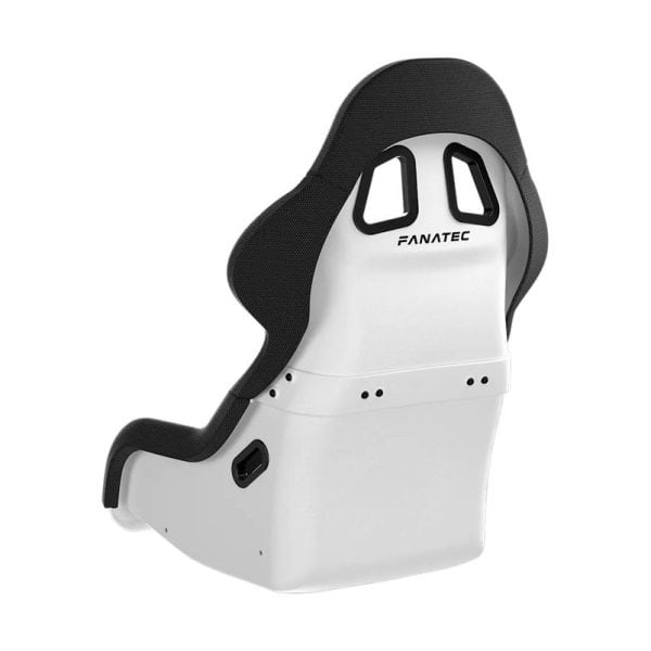 De Fanatec GT Cockpit Seat (wit) met zwarte kussens en "Fanatec"-logo op de bovenste rugleuning, gezien vanaf de rechter achterkant.