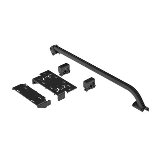 De Fanatec GT Cockpit Shifter Mount - Left (Black) bevat zwarte metalen hardware: een gebogen steunbalk, uitsparingsplaten en beugels.