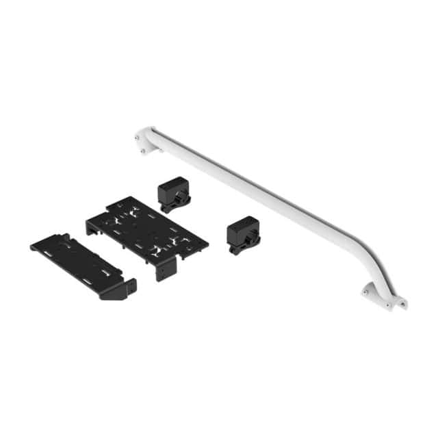 De Fanatec GT Cockpit Shifter Mount - Left (White) heeft een witte gebogen metalen staaf en vier zwarte bevestigingsonderdelen die los van elkaar zijn afgebeeld.