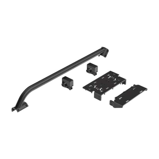 De Fanatec GT Cockpit Shifter Mount - Right (Black) heeft een gebogen zwarte metalen staaf, twee rechthoekige beugels en twee platte platen met meerdere uitsparingen en bevestigingspunten.