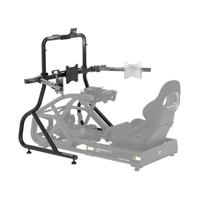 Een zwarte Fanatec GT Cockpit Triple Monitor Expansion Kit geïnstalleerd op een sim raceframe, met een vervaagde stoel en bediening om de kit te benadrukken.