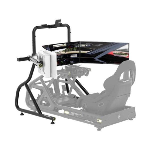 De Fanatec GT Cockpit Triple Monitor Expansion Kit (zwart) heeft een stevig metalen frame, zwarte stoel, stuur en drie gebogen beeldschermen.