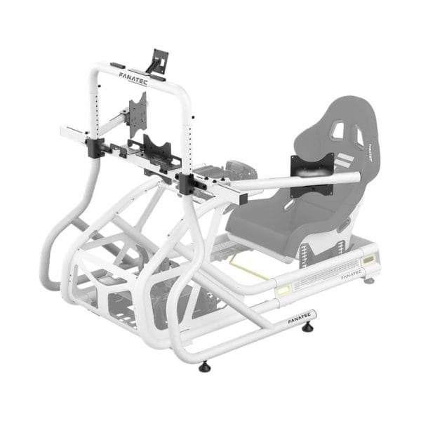 De Fanatec GT Cockpit Triple Monitor Expansion Kit heeft een metalen frame, verstelbare steunen, een racestoel en geen elektronica.