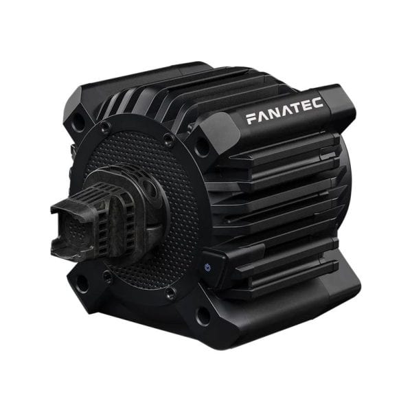 Een zwarte Fanatec GT DD PRO Ready2Race Vision GT Bundle (8 Nm) direct aangedreven wielbasis met een geribbelde, hoekige body en centrale naaf.