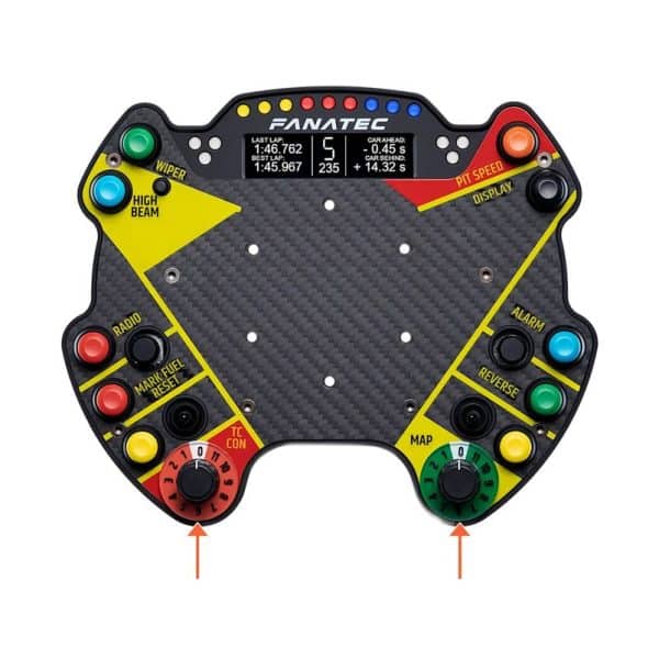 De Fanatec Podium Knoppenmodule Endurance heeft gekleurde knoppen, draaiknoppen, toggles, dubbele displays en oranje pijlen met labels.