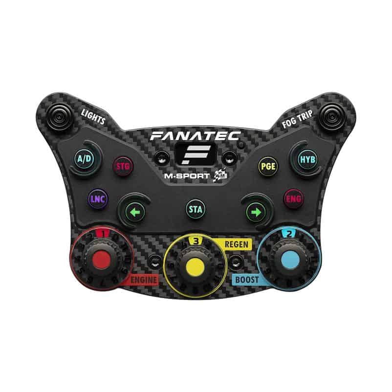 Gereviseerde Fanatec Podium Knoppenmodule Rally met kleurrijke knoppen en draaiknoppen met het opschrift LIGHTS, ENGINE, BOOST, HYB en logo middenboven.