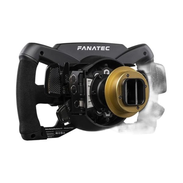 Het Fanatec Podium Stuur Bentley GT3 is een zwart met goud racestuur met meerdere knoppen en paddles, in een rechte hoek.