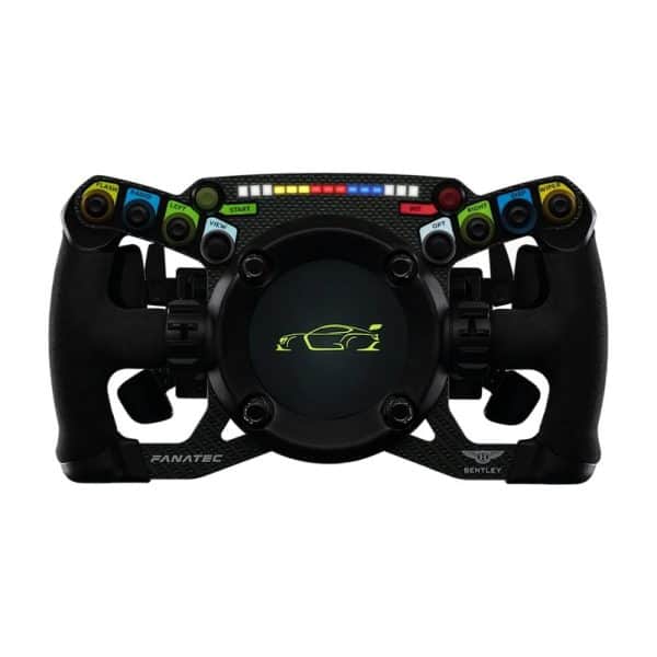 Het Fanatec Podium Stuur Bentley GT3 heeft meerkleurige knoppen, draaiknoppen, weergave van de contouren van de auto en merkdetails.