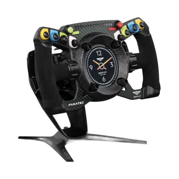 Het Fanatec Podium Stuur Bentley GT3 is uitgerust met verschillende knoppen, draaischakelaars en een centrale analoge klok op een standaard.
