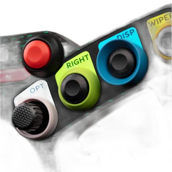 Close-up van de bedieningselementen van het Fanatec Podium Stuur Bentley GT3, met zwarte, groene, blauwe OPT/RIGHT/DISP knoppen en een rode knop.