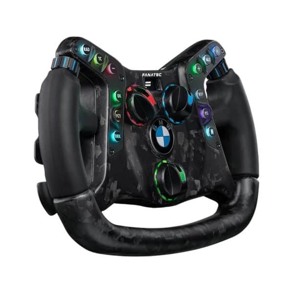 Gereviseerd zwart Fanatec Podium Stuur voor BMW M4 GT3, met een gestroomlijnd, modern design.