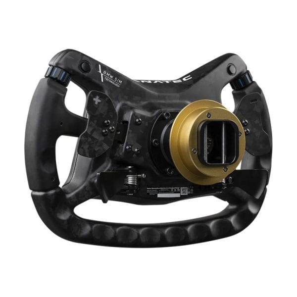 Gereviseerd Fanatec Podium Stuur BMW M4 GT3 met zwart en goud koolstofvezel, diverse knoppen, wijzerplaten en een centrale naaf.