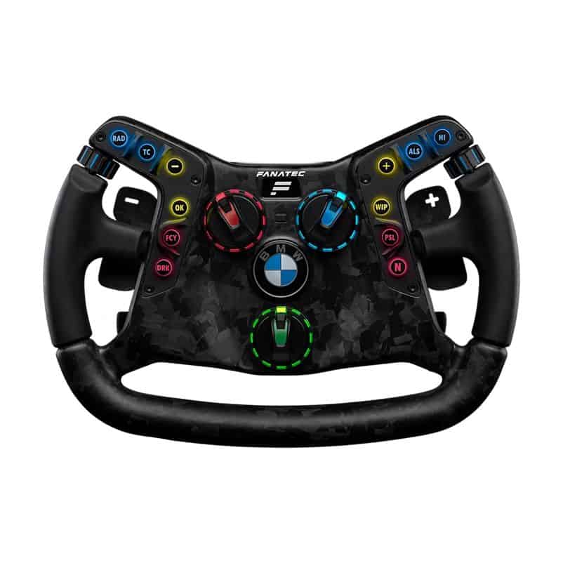 Een gereviseerd zwart Fanatec Podium BMW M4 GT3 sim racestuur met een grip met textuur en verschillende gekleurde knoppen aan de voorkant.