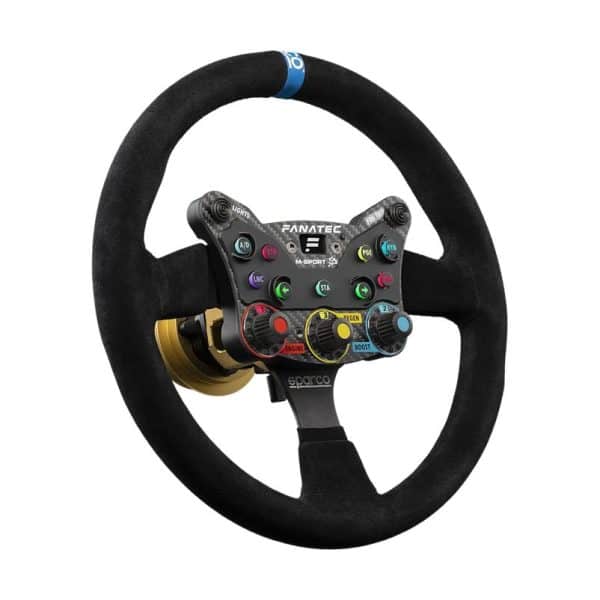 Fanatec Podium Stuur Monte Carlo Rally, zwart met gekleurde knoppen, draaiknoppen, labels, middendisplay, blauwe topmarkering.