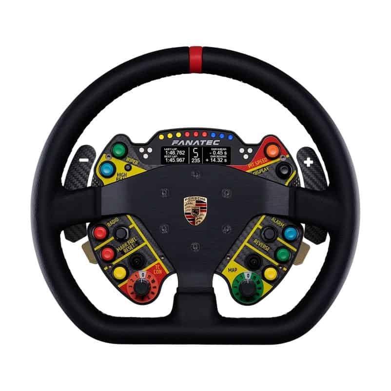 Fanatec Podium Stuur Porsche 911 GT3 R (Leder) met centraal Porsche logo, gekleurde knoppen, display, schakelflippers.