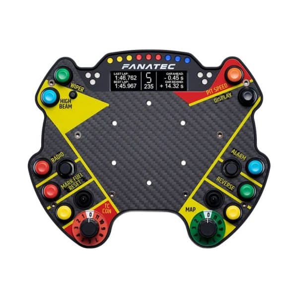 Fanatec Podiumstuur Porsche 911 GT3 R (Suede) met koolstofvezel, gelabelde bedieningselementen, draaiknoppen en bovenste gegevensdisplay.