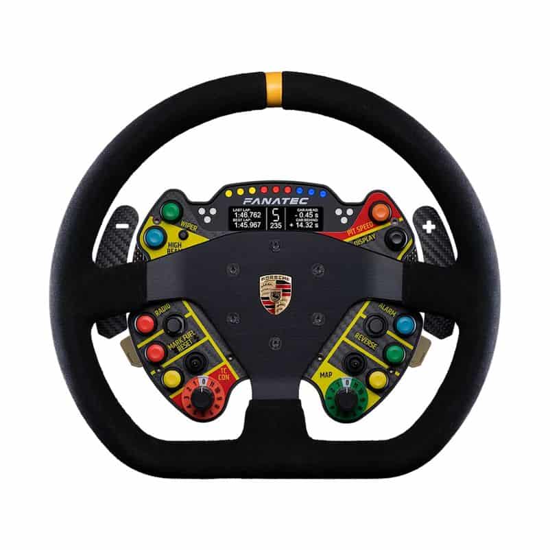 Fanatec Podium Porsche 911 GT3 R stuur met zwart suède rand, kleurrijke knoppen, digitaal display bovenaan, Porsche logo in het midden, gele topstreep.