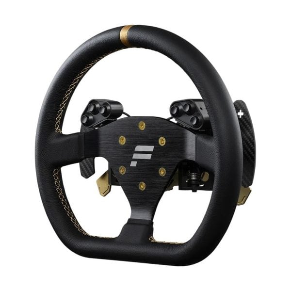 De Fanatec Podium R300 is een zwart met goud racestuur met gestikt leer, schakelflippers en verschillende bedieningsknoppen.