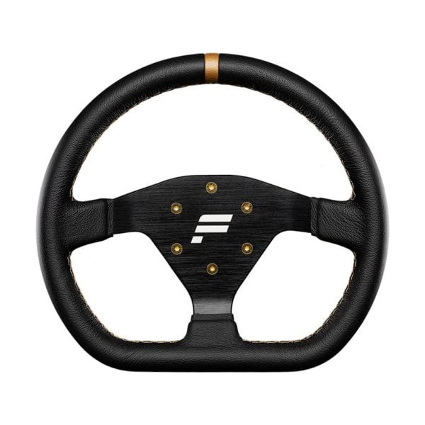 Het Fanatec Podium R300 stuur heeft een zwart gestikte grip, gouden bouten, een gouden middenstreep en een naaf van geborsteld metaal met een F-logo.