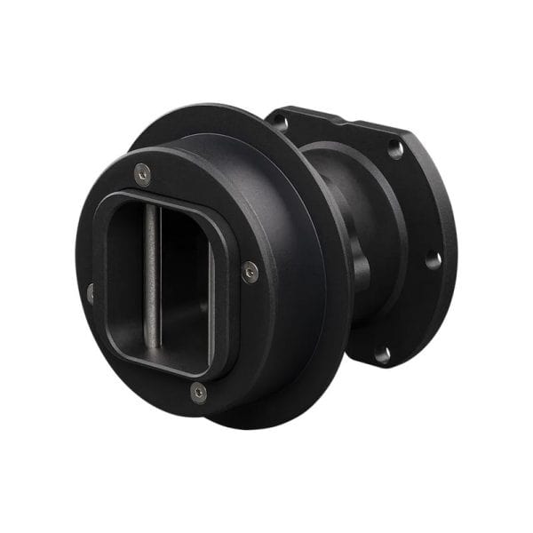 Het Fanatec Podium Stuur R300 is een zwart cilindervormig onderdeel met een rechthoekige opening, zichtbare schroeven en een geflensde basis.