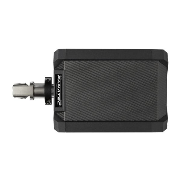 De Fanatec Podium Wheel Base DD2 QR2 is een slank zwart rechthoekig apparaat met afgeschuinde randen, koolstofvezel accenten en een metalen schacht aan de linkerkant. Het merk "Fanatec" staat op één zijde.