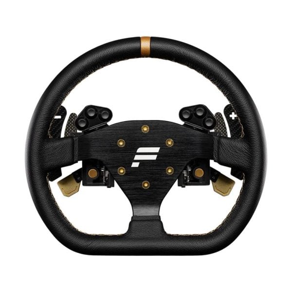 Het Fanatec Podium Wheel Rim R300 is een zwart racestuur met gouden accenten, verschillende knoppen en paddle shifters.
