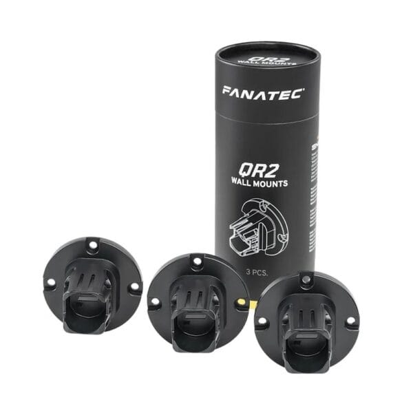 Een cilindervormige Fanatec QR2 muurbevestigingen (3-pack - Refurbished) doos staat rechtop met drie zwarte, ronde bevestigingen ervoor.
