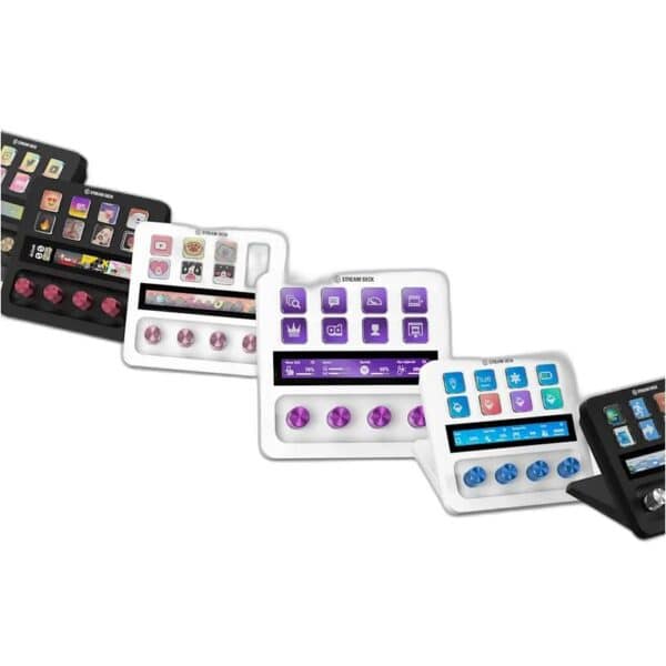 Vijf Fanatec Stream Deck + apparaten diagonaal geplaatst, elk met levendige, aanpasbare iconen en kleurrijke verlichte knoppen.