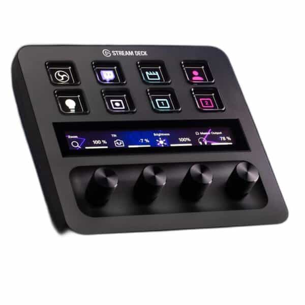 Een zwarte Fanatec Stream Deck + met acht aanpasbare knoppen, een touchscreen met verschillende bedieningselementen en vier draaiknoppen.