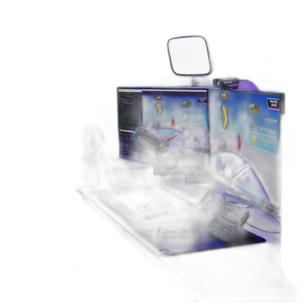 Een Fanatec Stream Deck + op een bureau met twee monitoren die heldere kaarten tonen, omringd door technische apparatuur in een wazige mist.