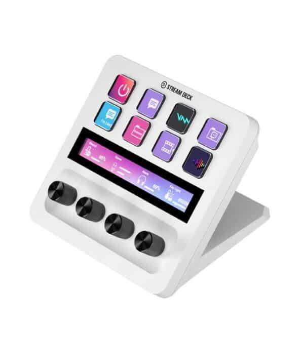 De Fanatec Stream Deck + White heeft acht aanpasbare knoppen, een touchscreen display en vier zwarte knoppen op een schuine standaard.