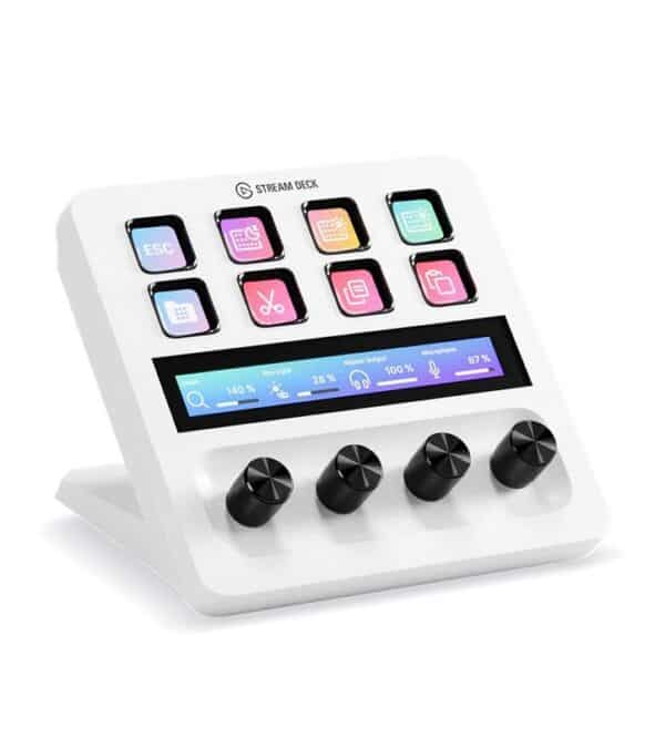 De Fanatec Stream Deck + White heeft acht vierkante knoppen in twee rijen, een touchscreen display voor statistieken en vier zwarte knoppen eronder.