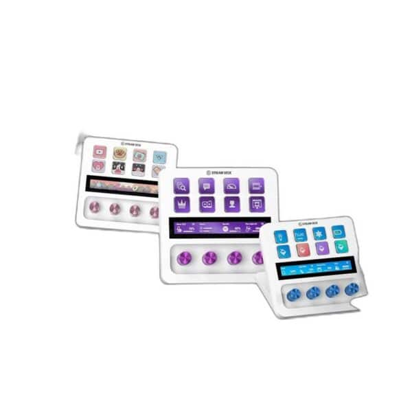 Drie Fanatec Stream Deck + White panelen met schermen en gekleurde knoppen, elk met pictogrammen, zijn gerangschikt in een verspringende lijn met roze, paarse en blauwe accenten.