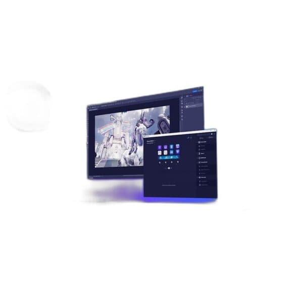 Een monitor toont digitale kunst van robots in een futuristische wereld, met vooraan de Fanatec Stream Deck + White die app-pictogrammen toont.