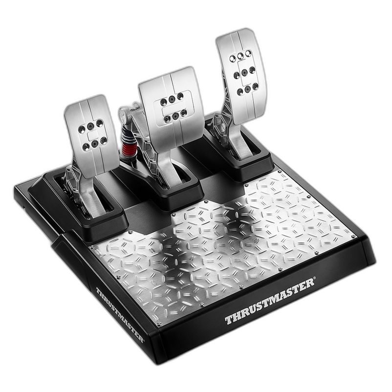 Drie metalen T-LCM PEDALS racesimulatorpedalen van Fanatec, bevestigd op een zilveren voet met textuur en het logo aan de voorkant.