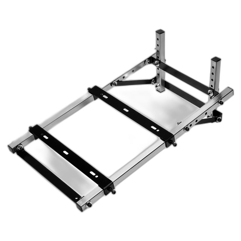 De Fanatec T-PEDALS STAND heeft een metalen verstelbaar frame met verschillende stangen en steunen voor het monteren van apparatuur.