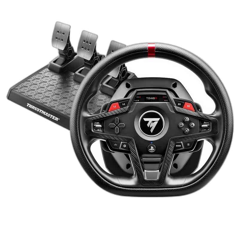 Een zwart Fanatec T248R racestuur met verschillende knoppen en een centraal logo wordt getoond voor een bijpassende set met drie pedalen.