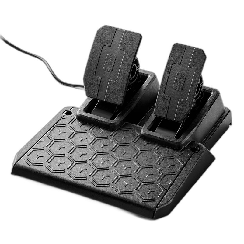 De Fanatec T2PM heeft een zwart plastic ontwerp met twee rechthoekige pedalen op een voet met textuur, verbonden door een kabel voor racesimulaties.