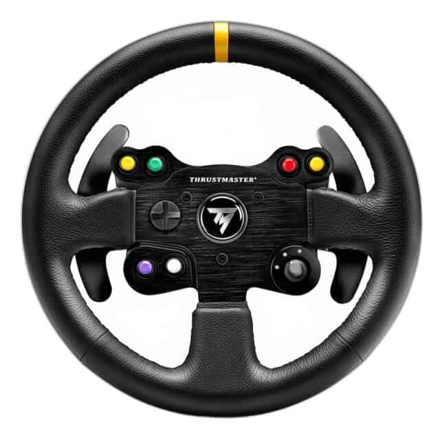 De Fanatec TM LEATHER 28 GT WHEEL ADD-ON heeft een zwart ontwerp, grips met textuur, gekleurde knoppen, D-pad en een gele middenstreep.