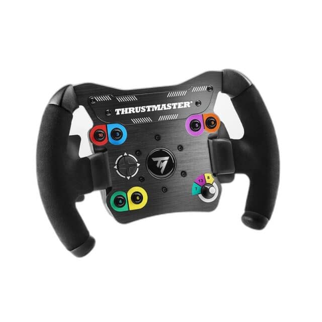 Fanatec TM OPEN WHEEL ADD-ON racestuur heeft veelkleurige knoppen, een centraal logo, zwarte handgrepen en een geborsteld metalen uiterlijk.