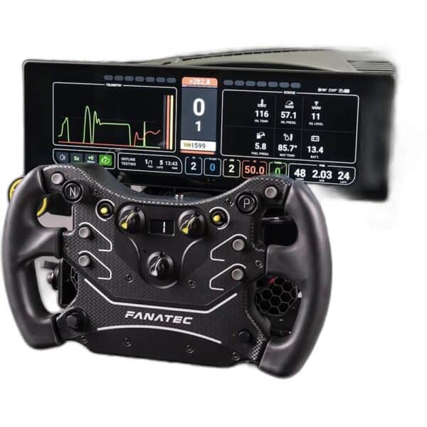 Een Fanatec Xeneon Edge Mounting Bracket Set geplaatst voor een digitaal autosportdashboard dat rondetijden, snelheid en toerental weergeeft.